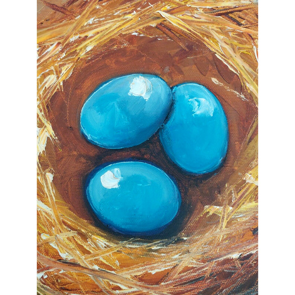 Nest & 3 Blue Eggs #133 Original 12 X 12 Inch Oil Painting by Roz - Picture 2 of 5
